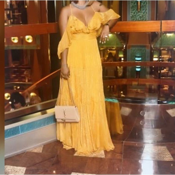 Golden Ruffle Off The Shoulder Maxi Dress - Picture 4 of 4